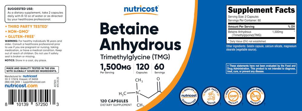 Nutricost Betaine Anhydrous gluten-free, non-GMO seal on bottle.