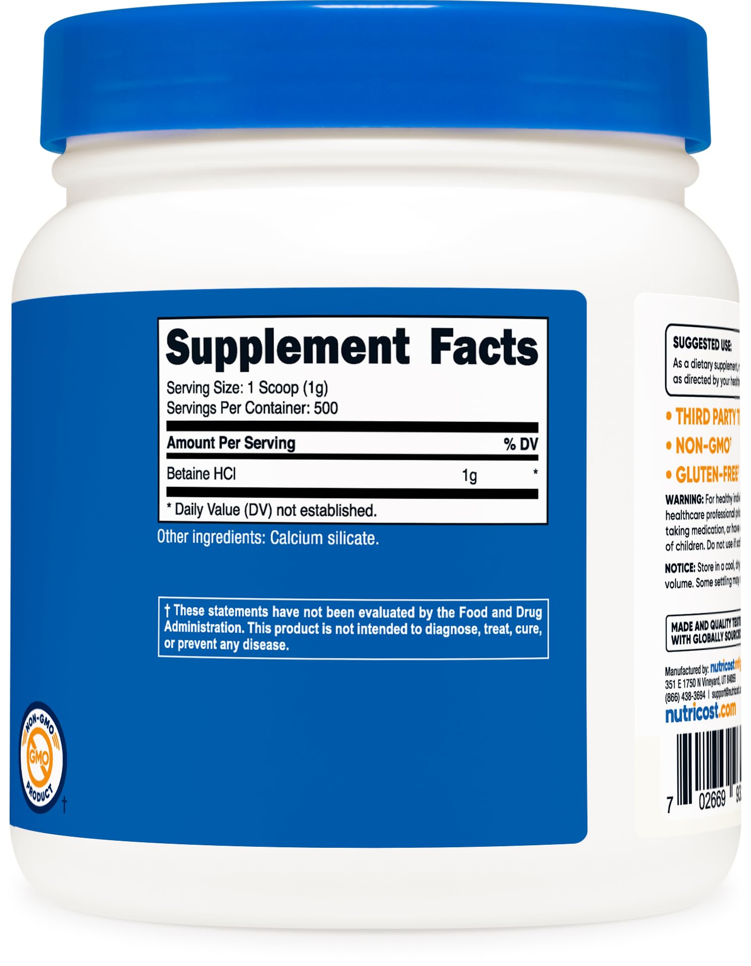 Nutricost Betaine HCl facility illustrates GMP and FDA registered production standards.