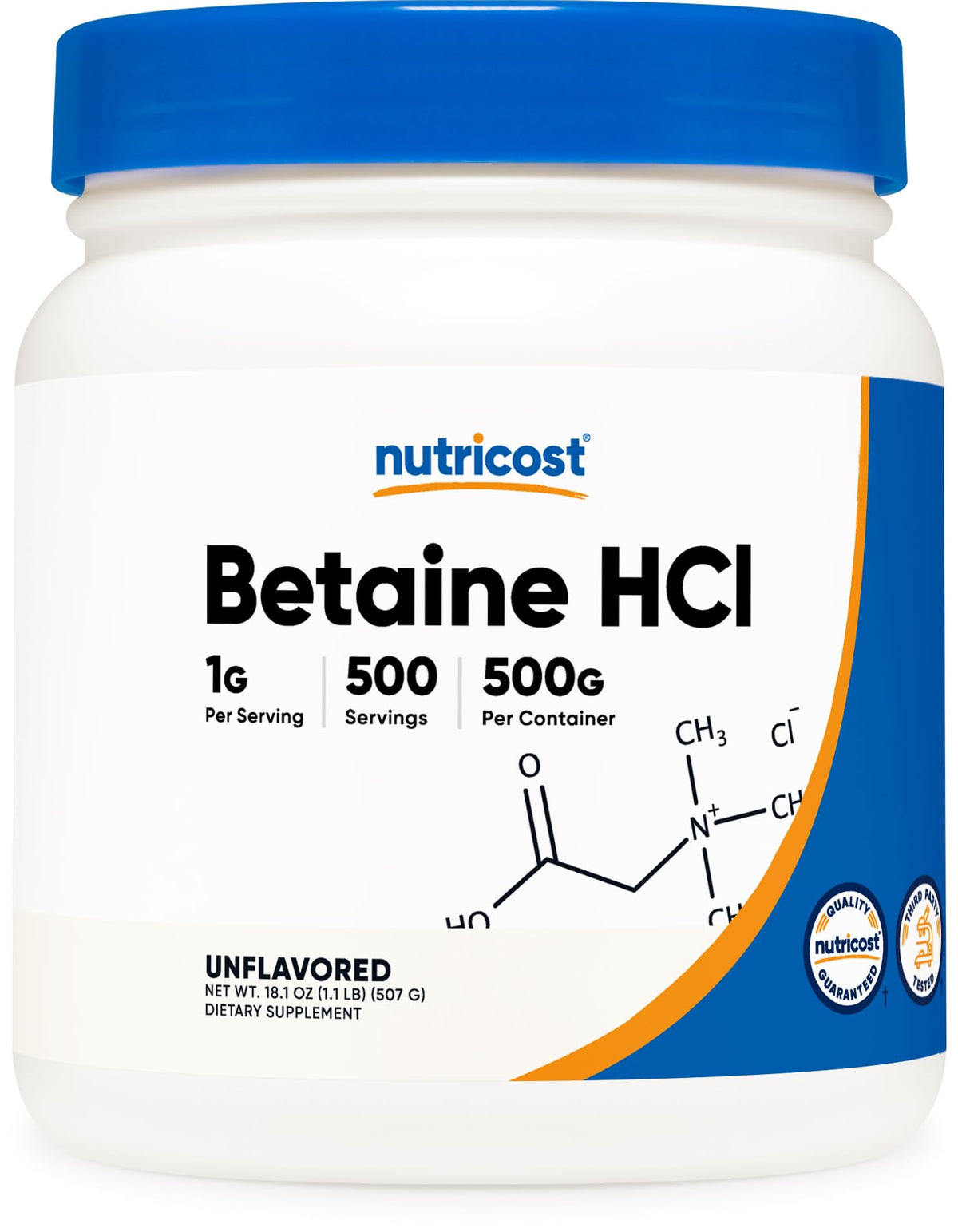 Nutricost Betaine HCl powder bottle presents a 500g supply for regular use.