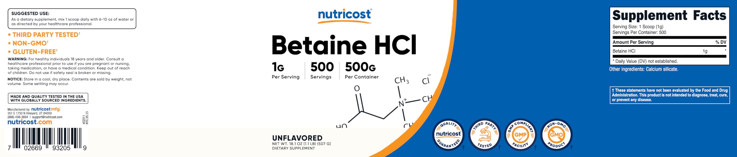 Nutricost Betaine HCl third-party testing seal signals quality assurance and transparency.