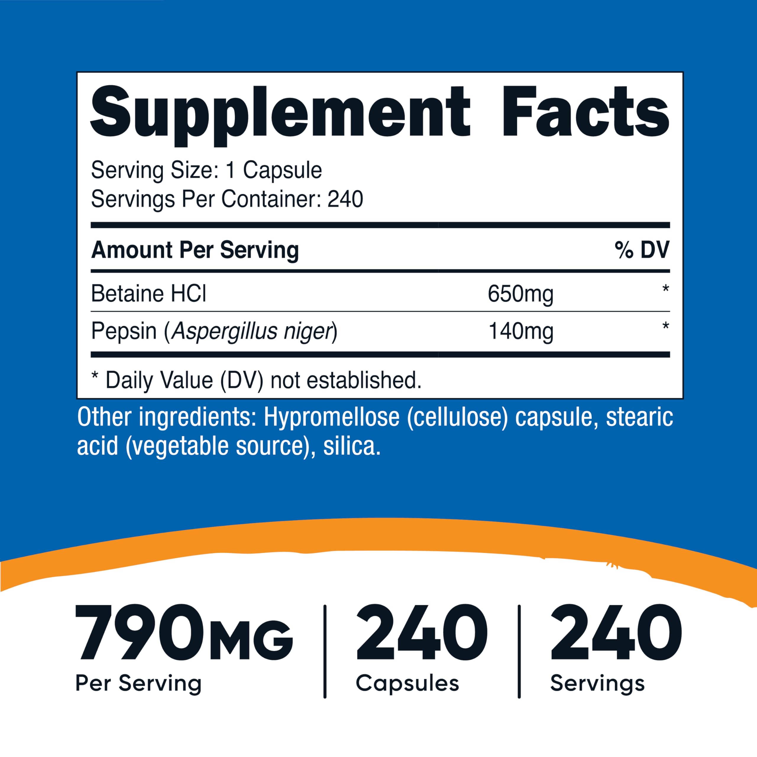 Nutricost Betaine HCl Pepsin 790mg bottle back label lists ingredients and quality.