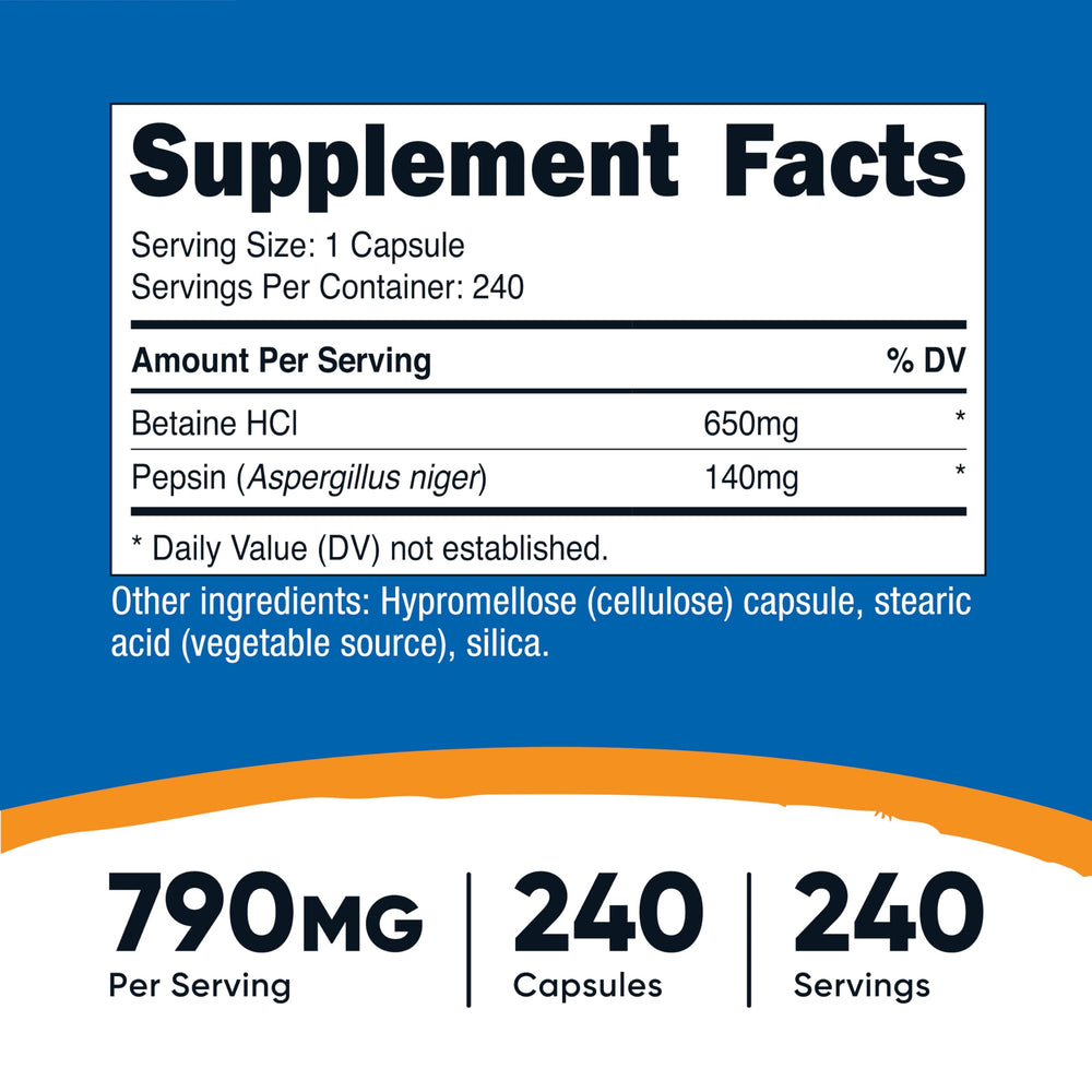 Nutricost Betaine HCl Pepsin 790mg bottle back label lists ingredients and quality.