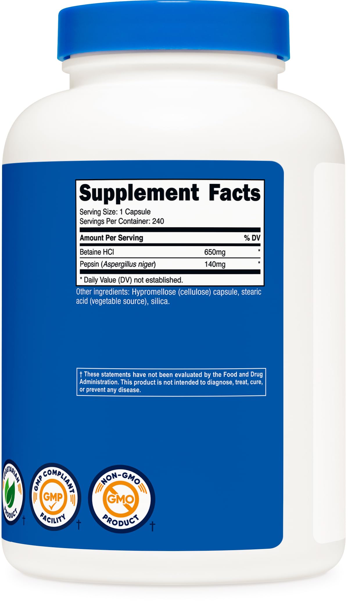 Nutricost Betaine HCl Pepsin 790mg bottle capsules inside shows compact vegetarian capsules.