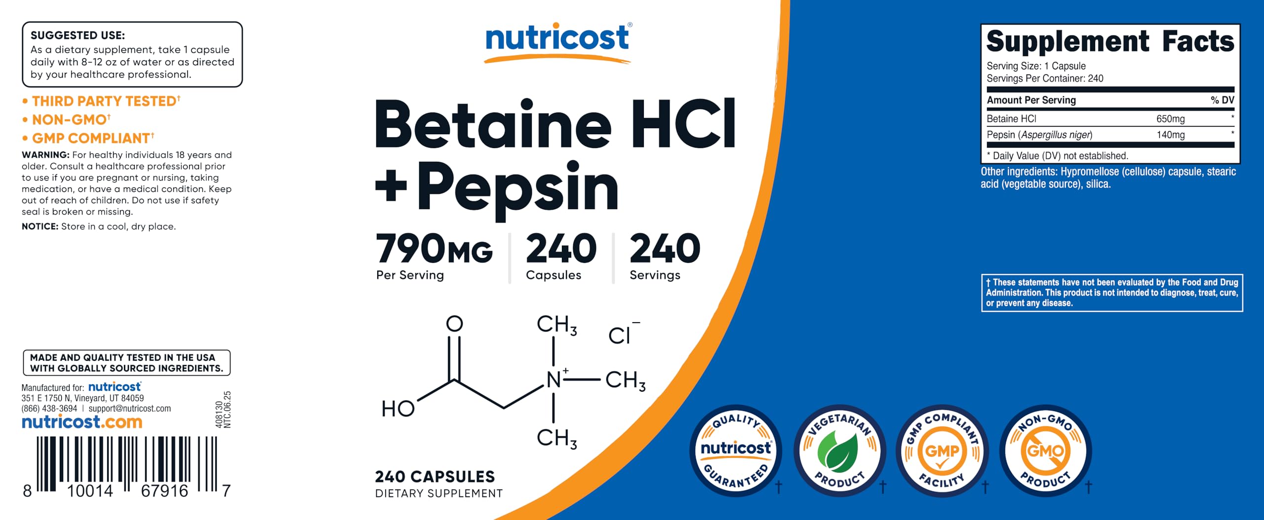 Nutricost Betaine HCl Pepsin 790mg production facility badge.