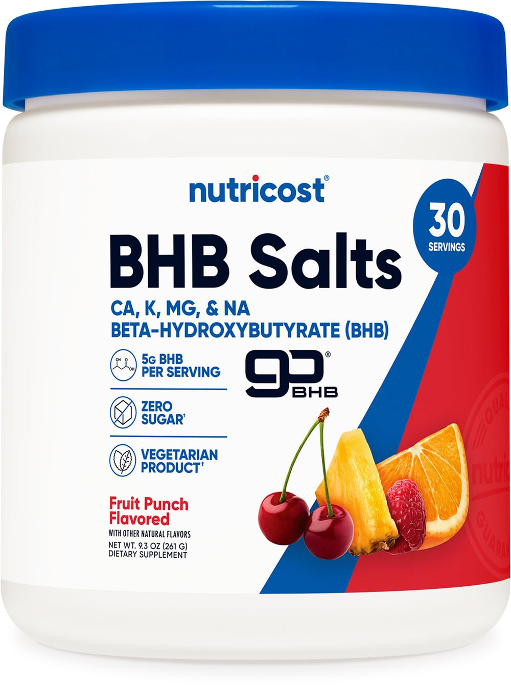 Nutricost BHB Salts Drink Mix bottle with fruit punch flavor for refreshing daily use.