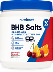 Nutricost BHB Salts Drink Mix bottle with fruit punch flavor for refreshing daily use.