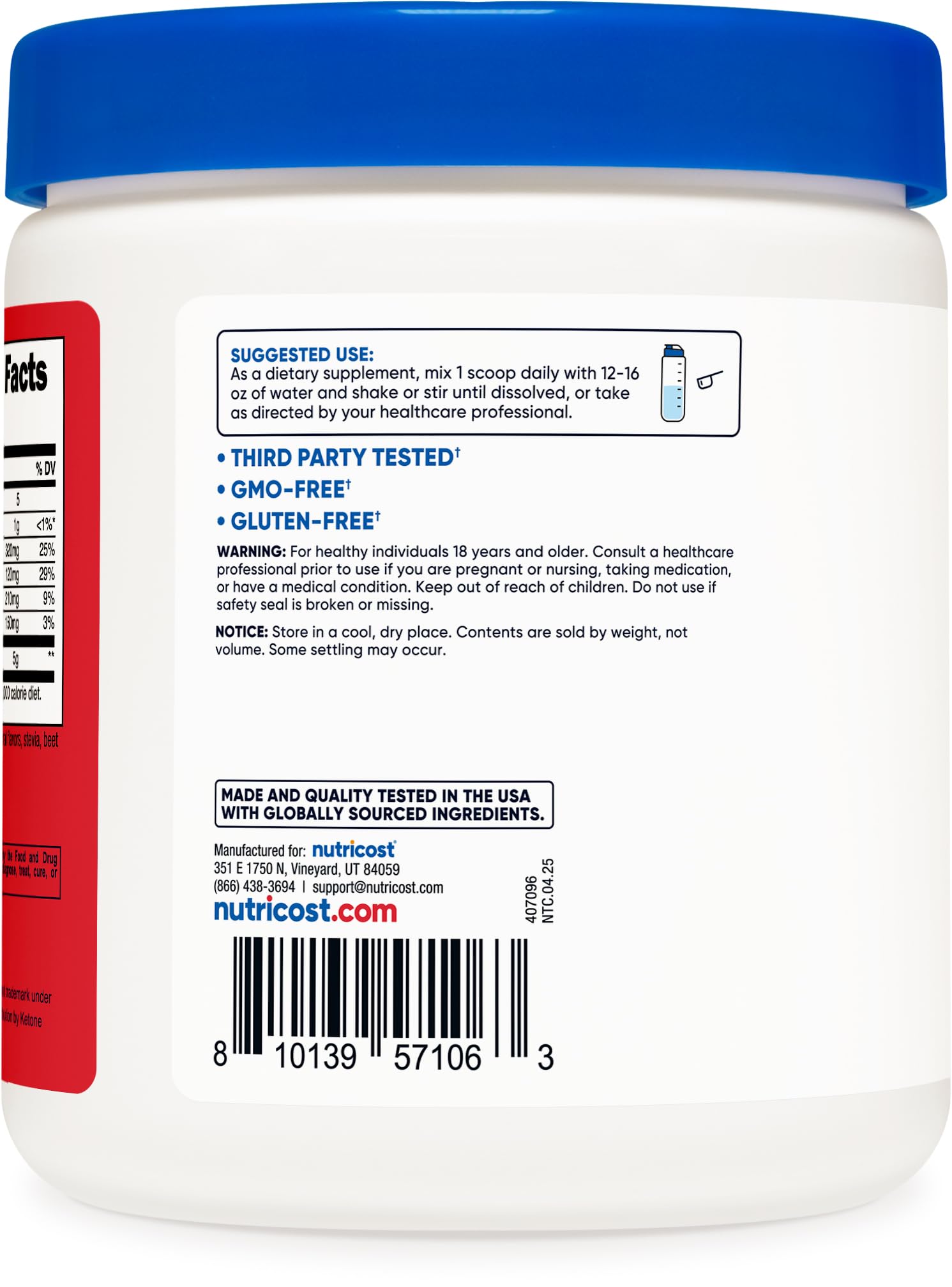 Glass of Nutricost BHB Salts Drink Mix with ice and fruit punch aroma.