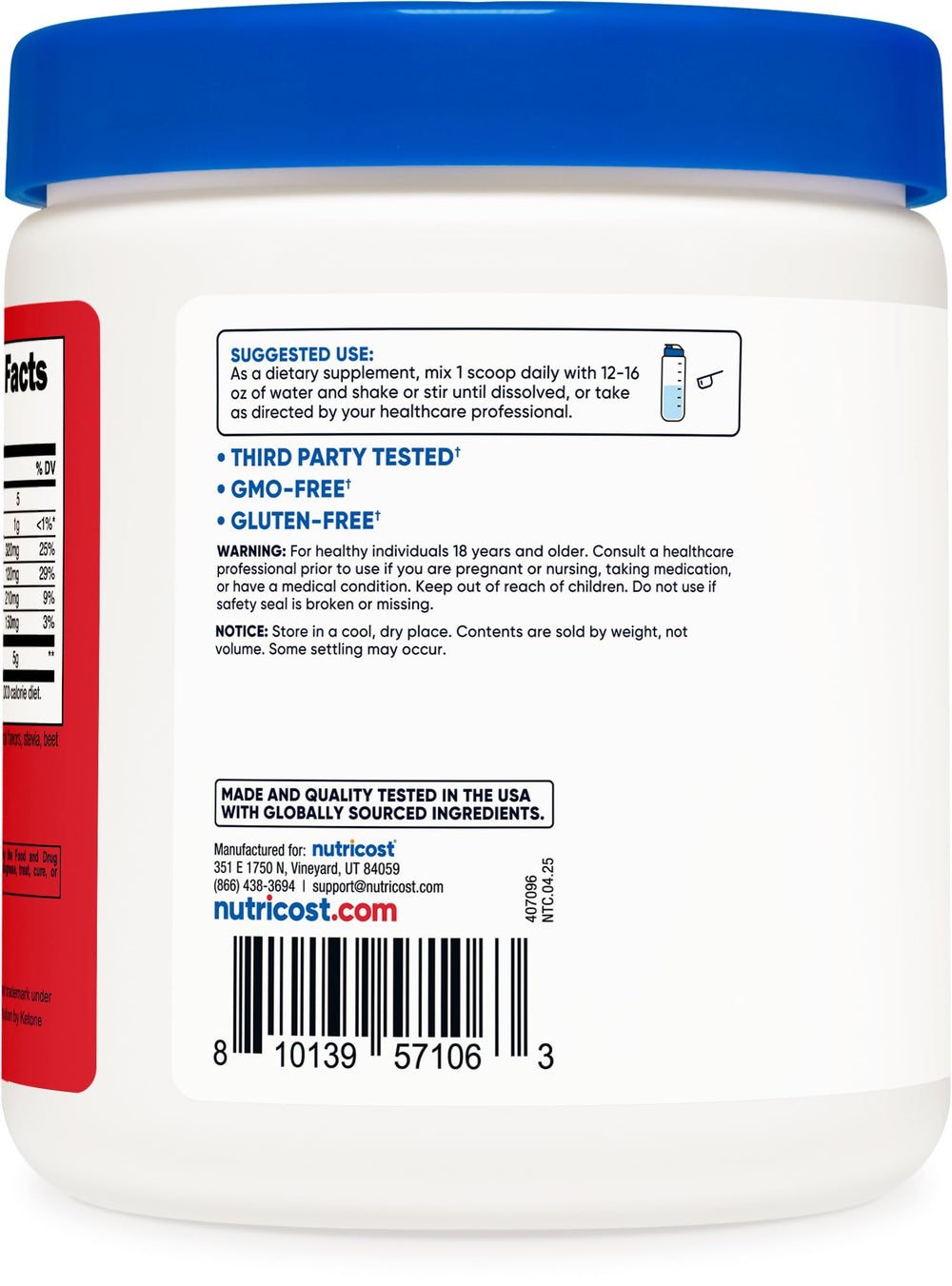 Glass of Nutricost BHB Salts Drink Mix with ice and fruit punch aroma.