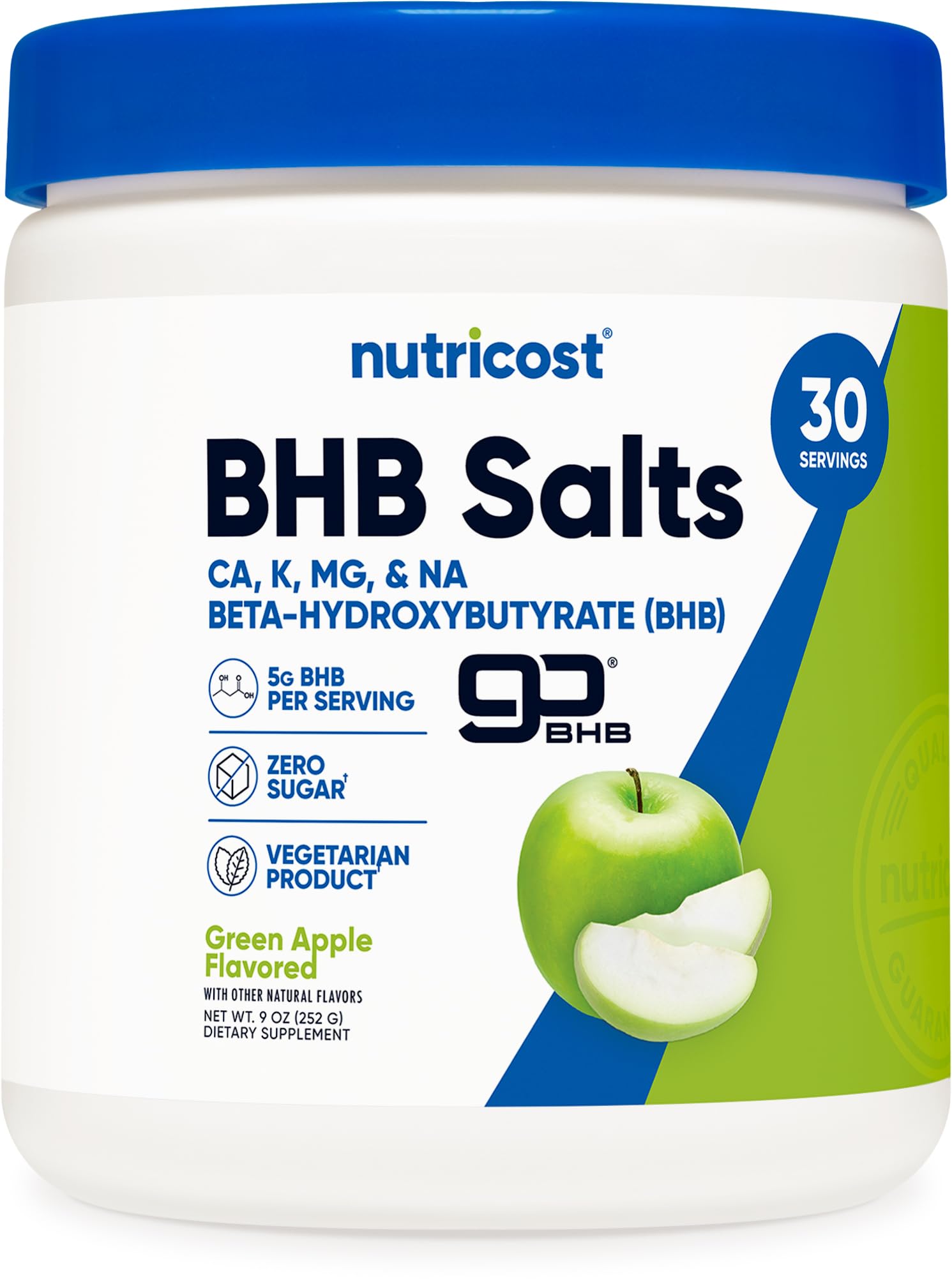 Nutricost BHB salts drink mix green apple bottle for daily energy and flavor.