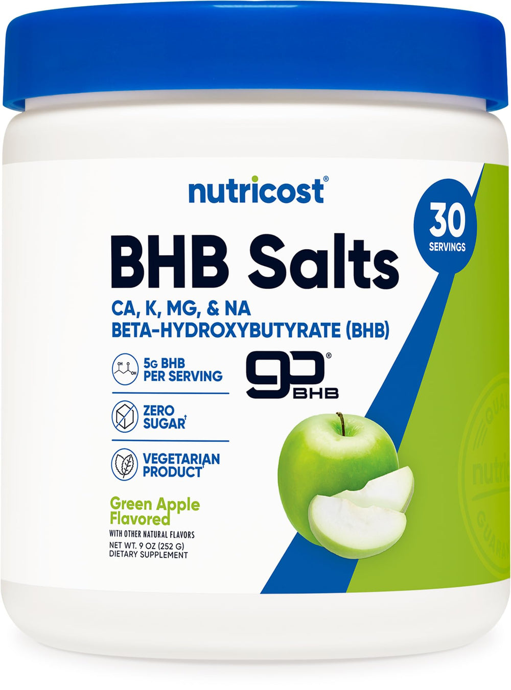 Nutricost BHB salts drink mix green apple bottle for daily energy and flavor.