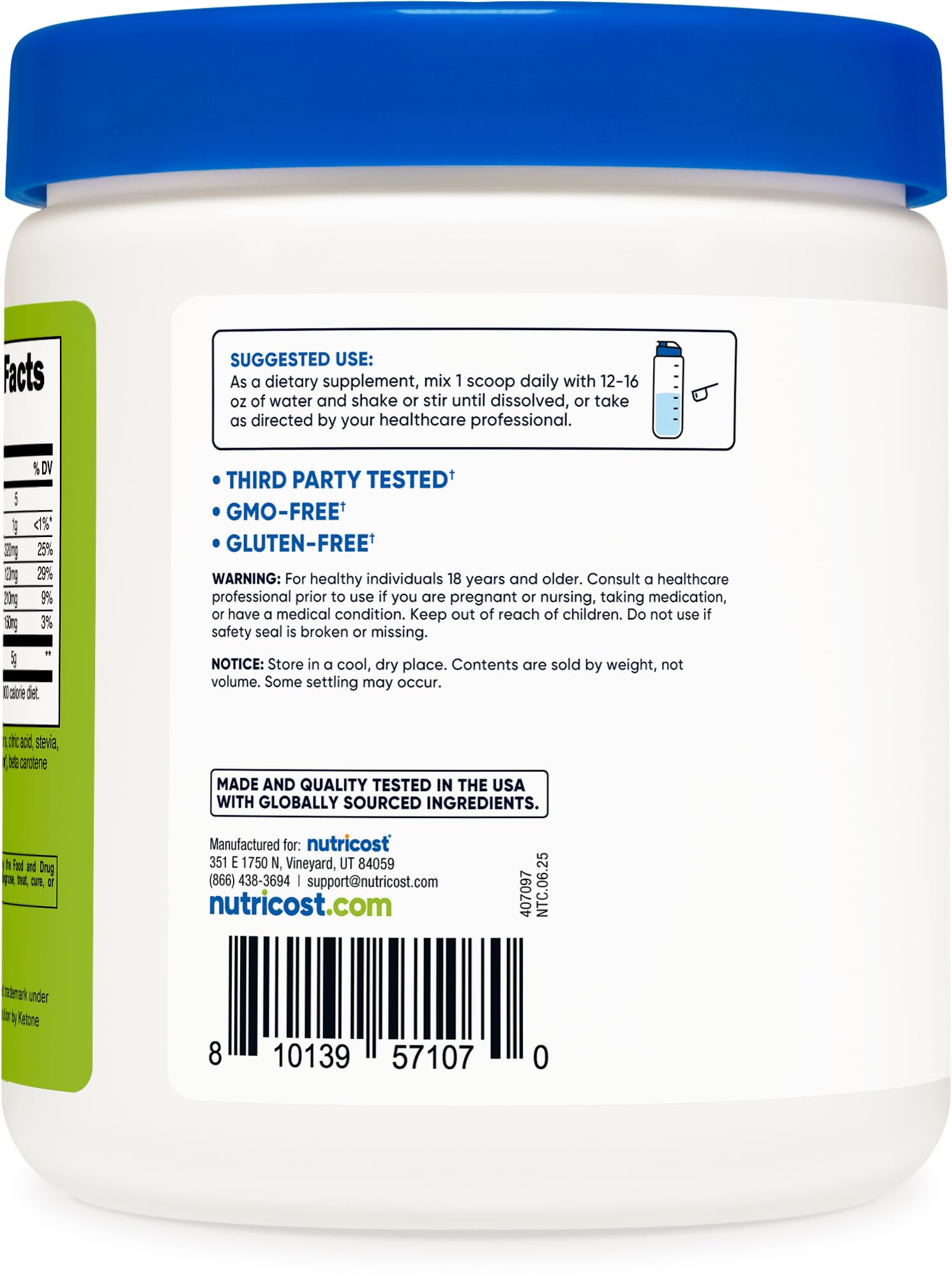 Nutricost BHB salts drink mix green apple label highlights quality standards.