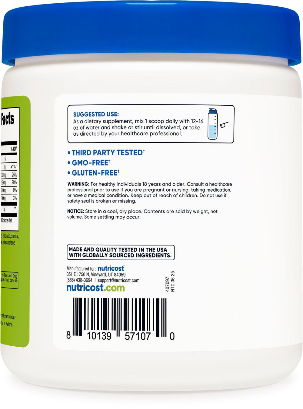 Nutricost BHB salts drink mix green apple label highlights quality standards.