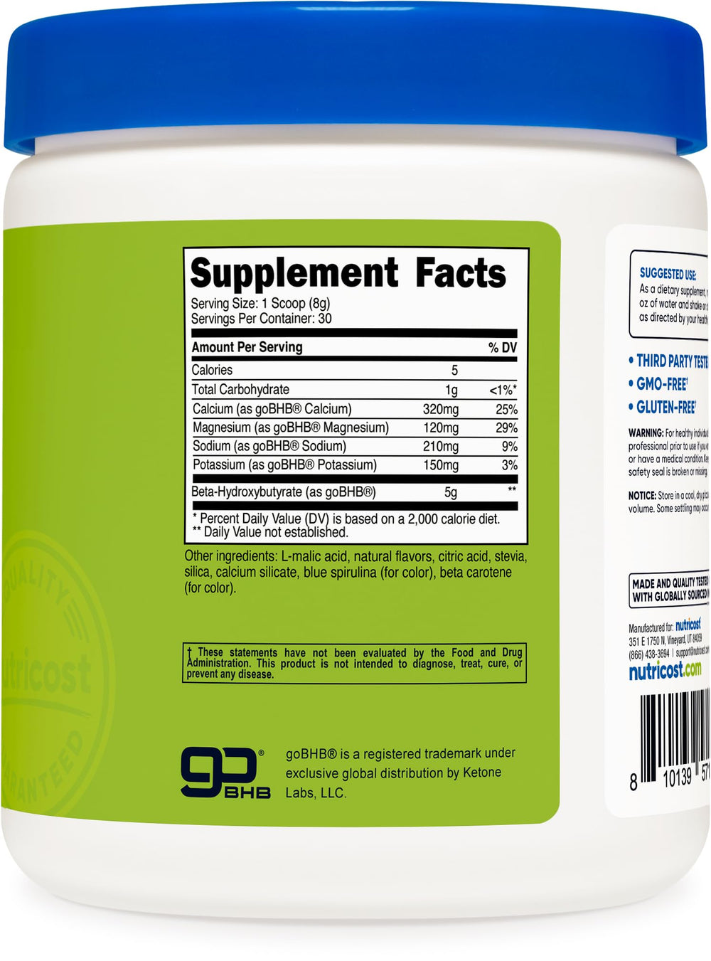 Nutricost BHB salts drink mix green apple packaging shows 30 servings.