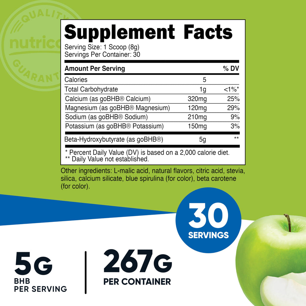 Pouring Nutricost BHB salts drink mix green apple for on the go hydration.