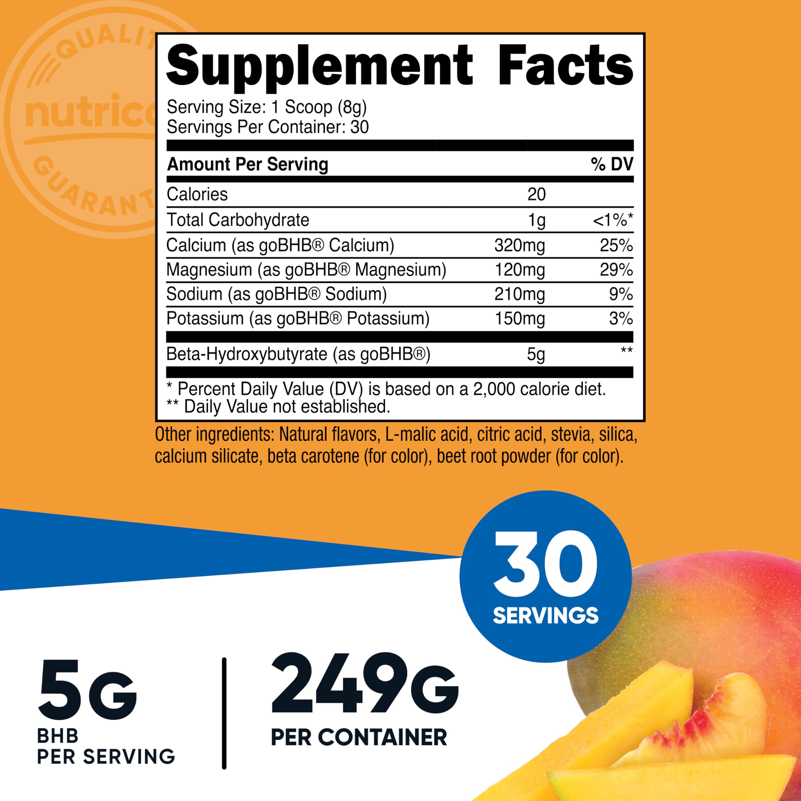 Nutricost BHB Salts Drink Mix ingredients panel highlights 5g BHB per serving.