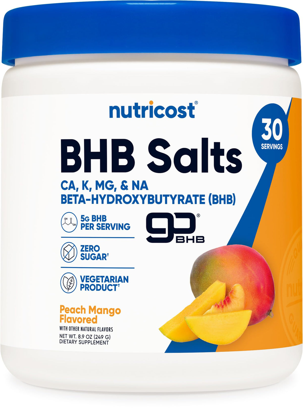 Nutricost BHB Salts Drink Mix Peach Mango bottle showing flavor and serving size for easy prep.