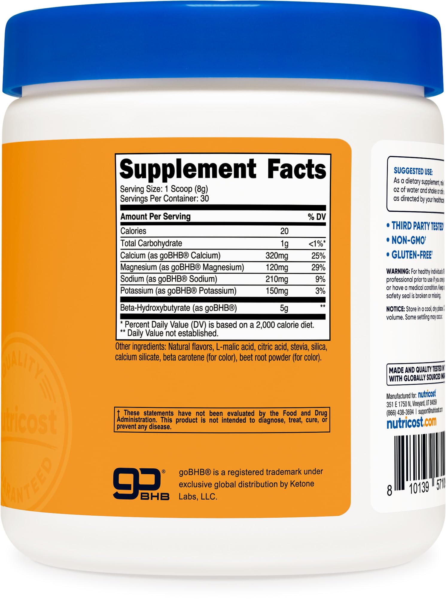 Nutricost BHB Salts Drink Mix bottle displays GMP-certified quality and third-party testing.