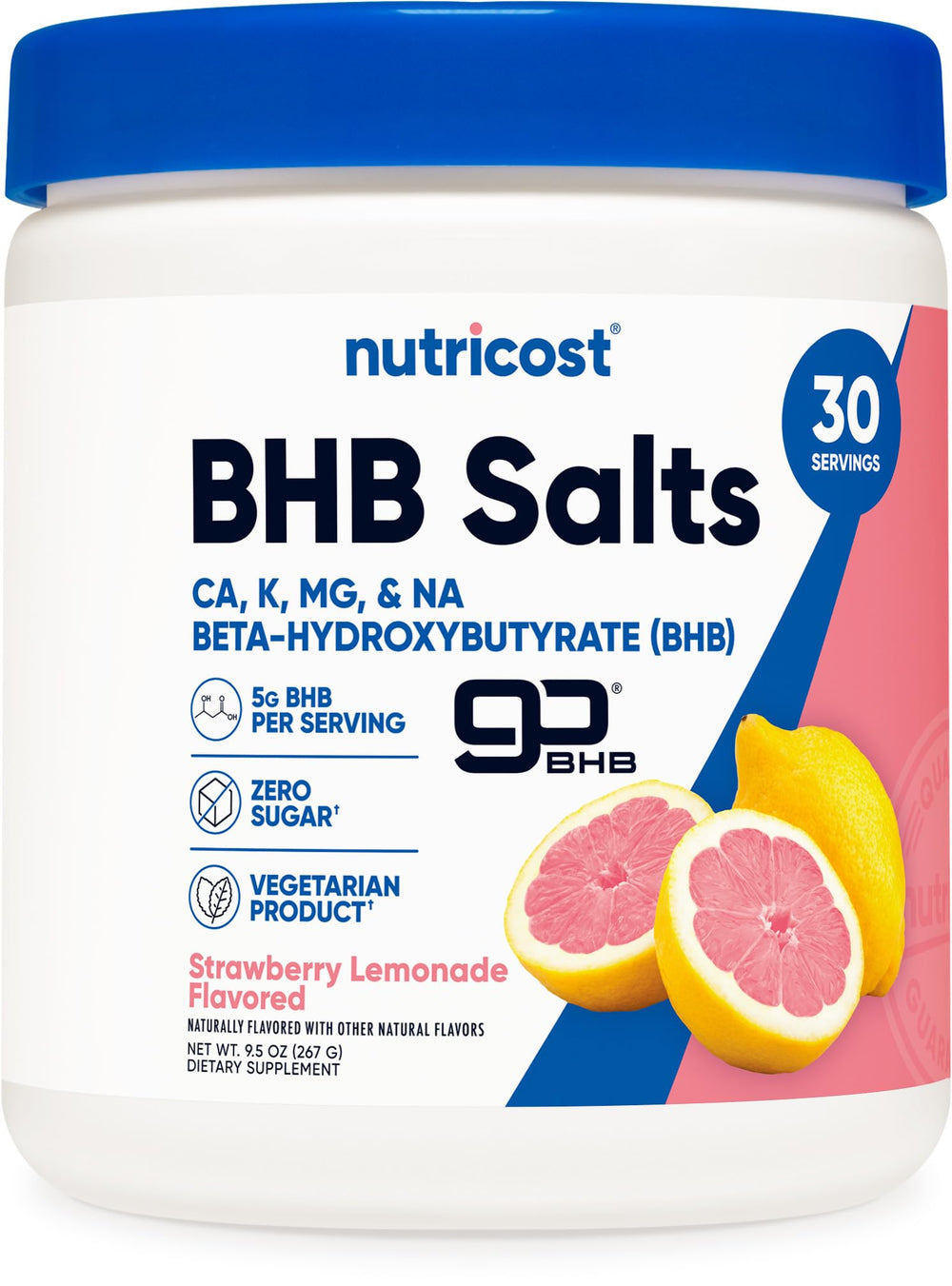 Nutricost BHB Salts Drink Mix strawberry lemonade in a glass ready to hydrate.