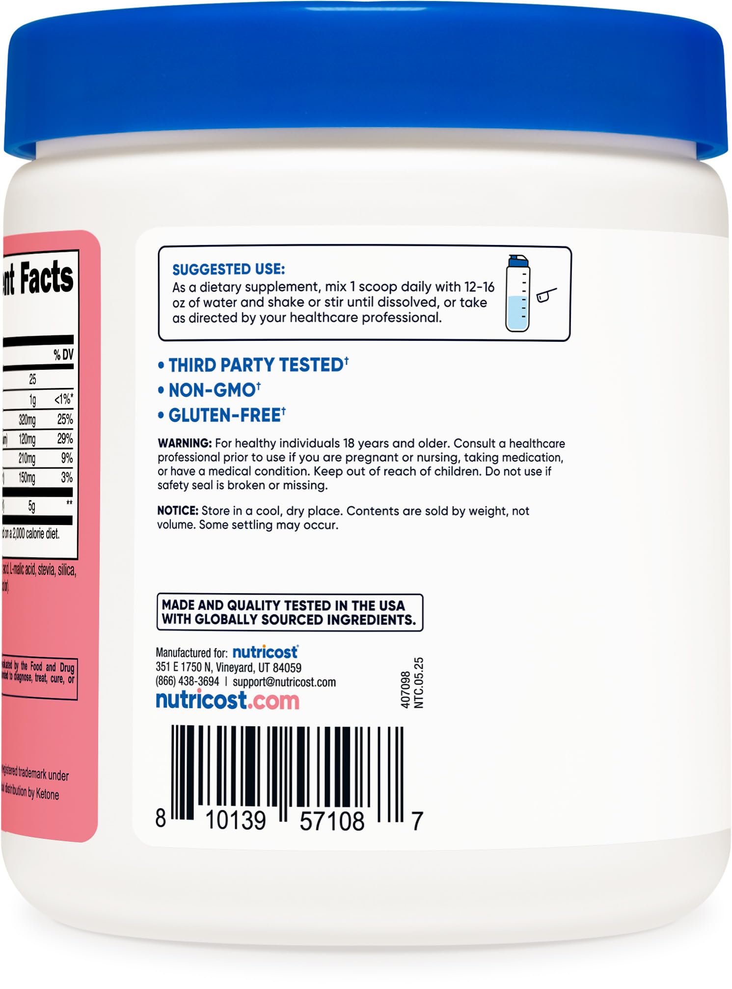 Nutricost BHB Salts Drink Mix third-party testing label indicating purity.