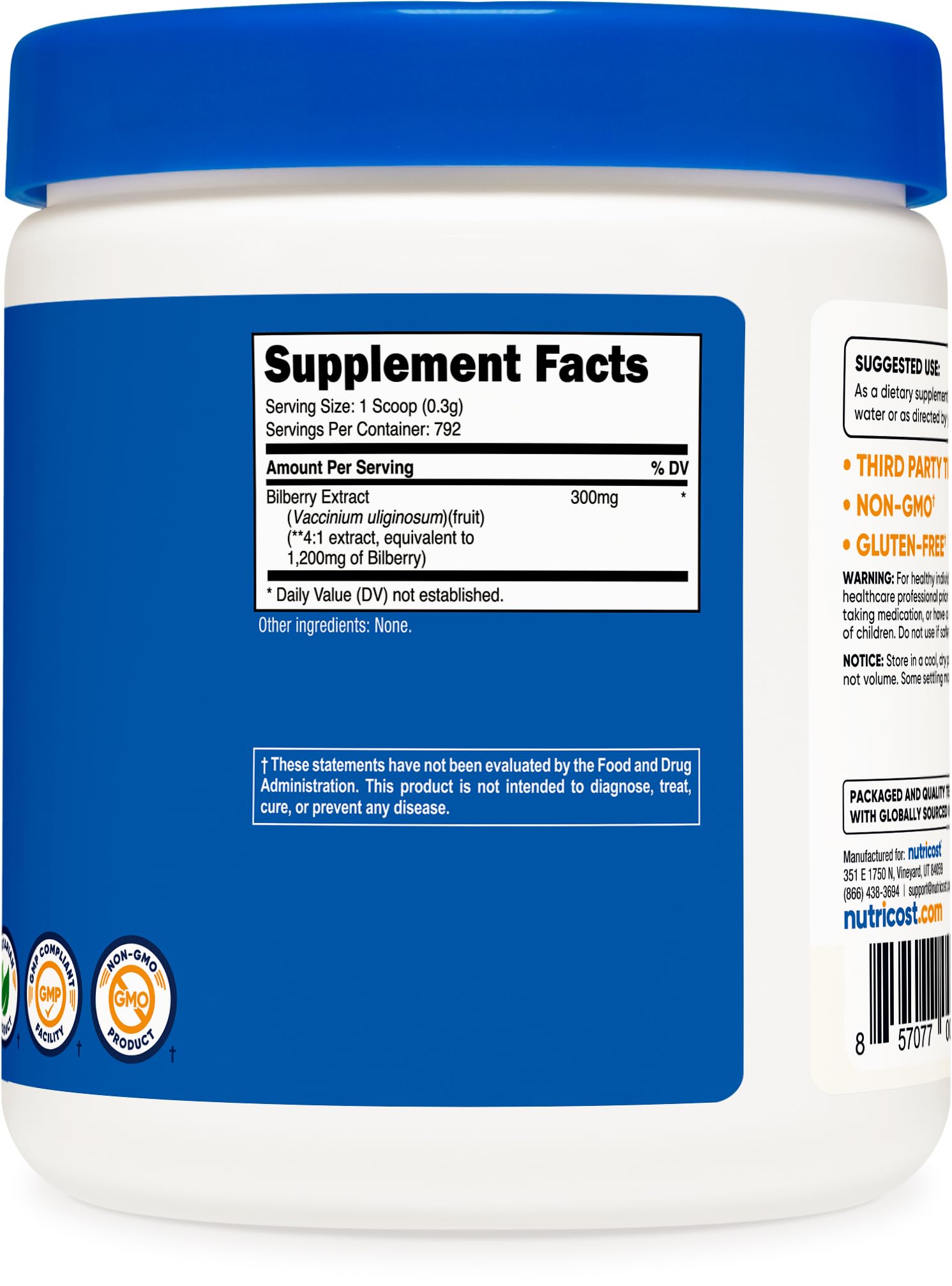 Nutricost Bilberry Powder facility badge indicating GMP compliant production