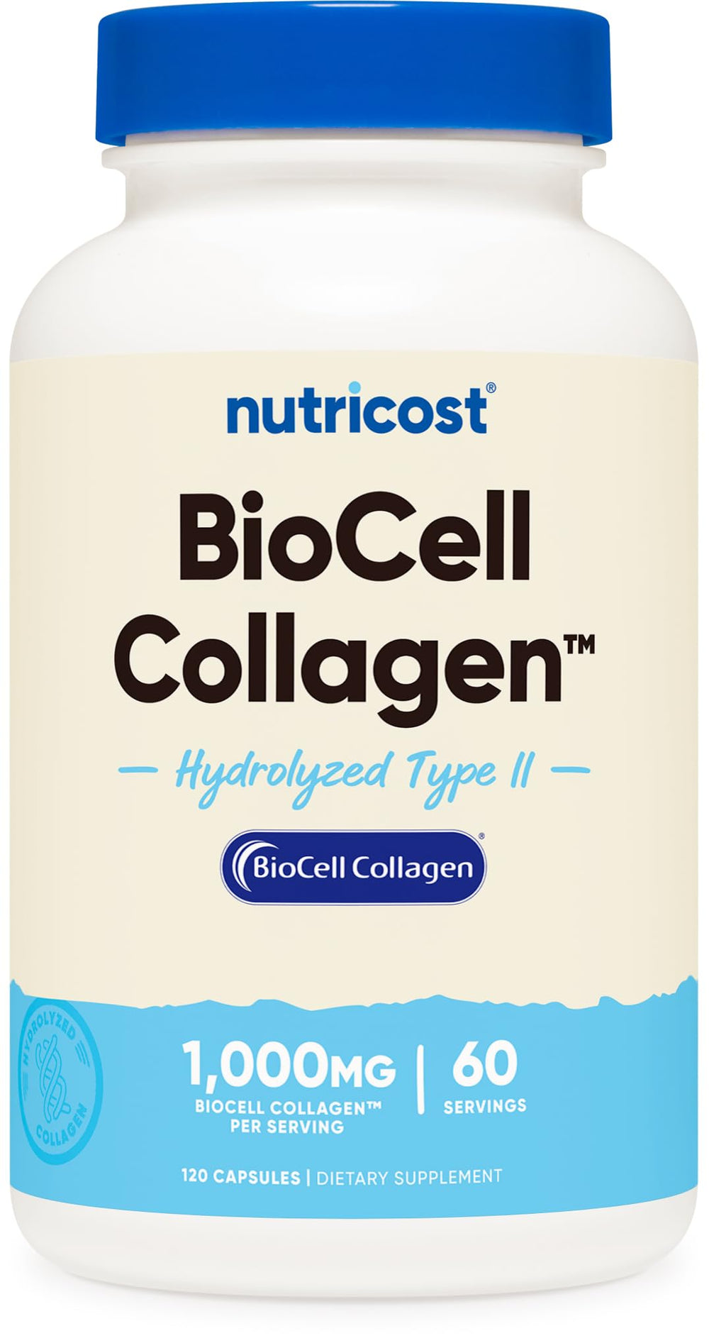 Nutricost BioCell Collagen bottle shows 1,000 mg per serving for daily use.