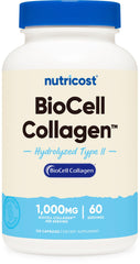 Nutricost BioCell Collagen bottle shows 1,000 mg per serving for daily use.