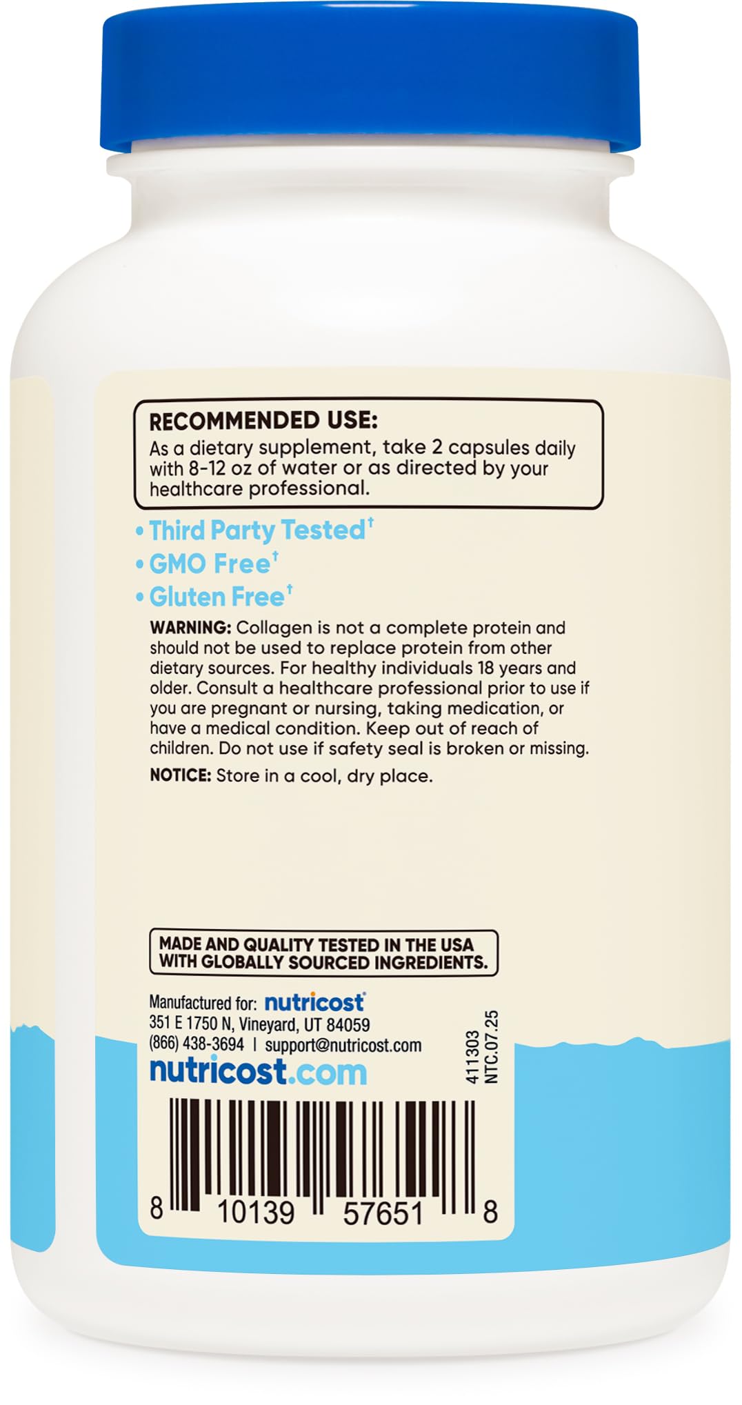 Nutricost BioCell Collagen label back confirms ingredients and certifications.