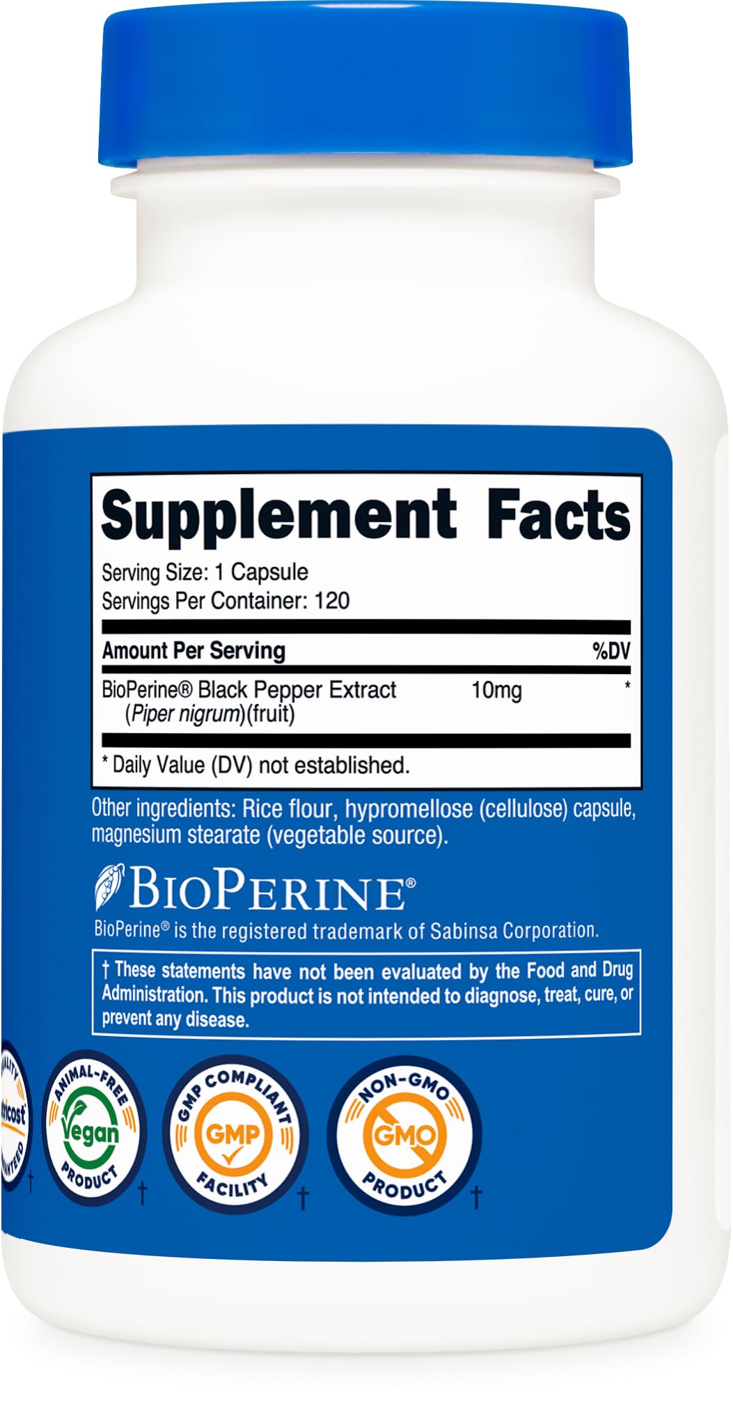 Nutricost Bioperine gluten-free indicator on packaging for gluten-sensitive users.