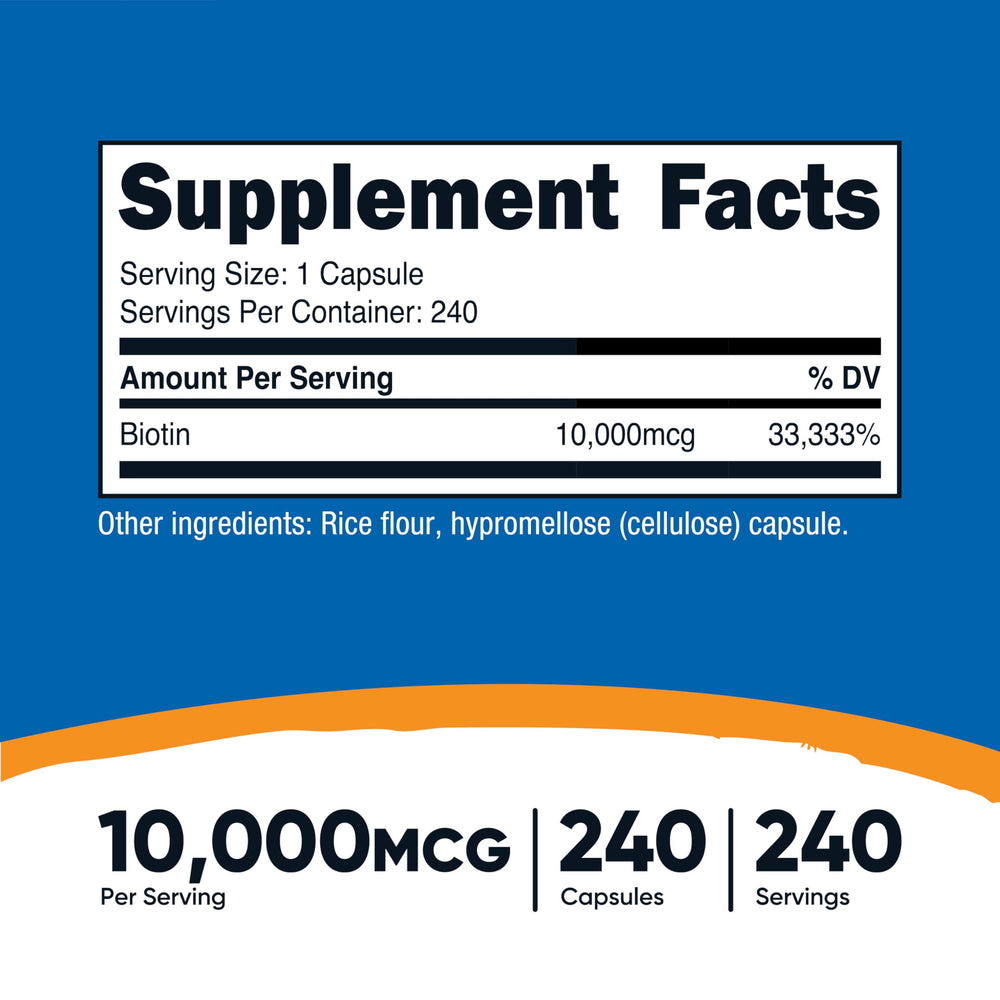 Nutricost Biotin bottle back label showing dosage and usage.