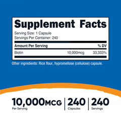 Nutricost Biotin bottle back label showing dosage and usage.