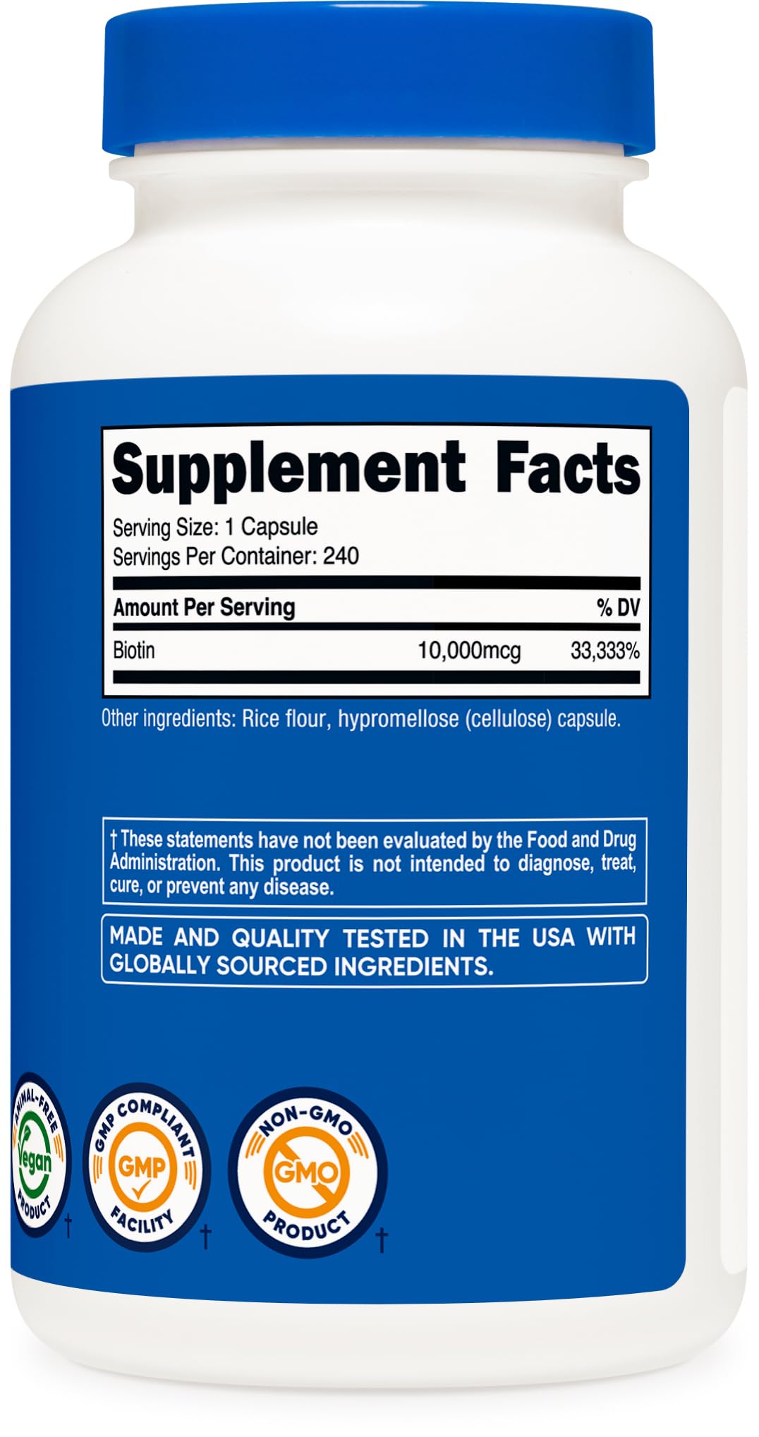 Nutricost Biotin packaging box displayed beside bottle.
