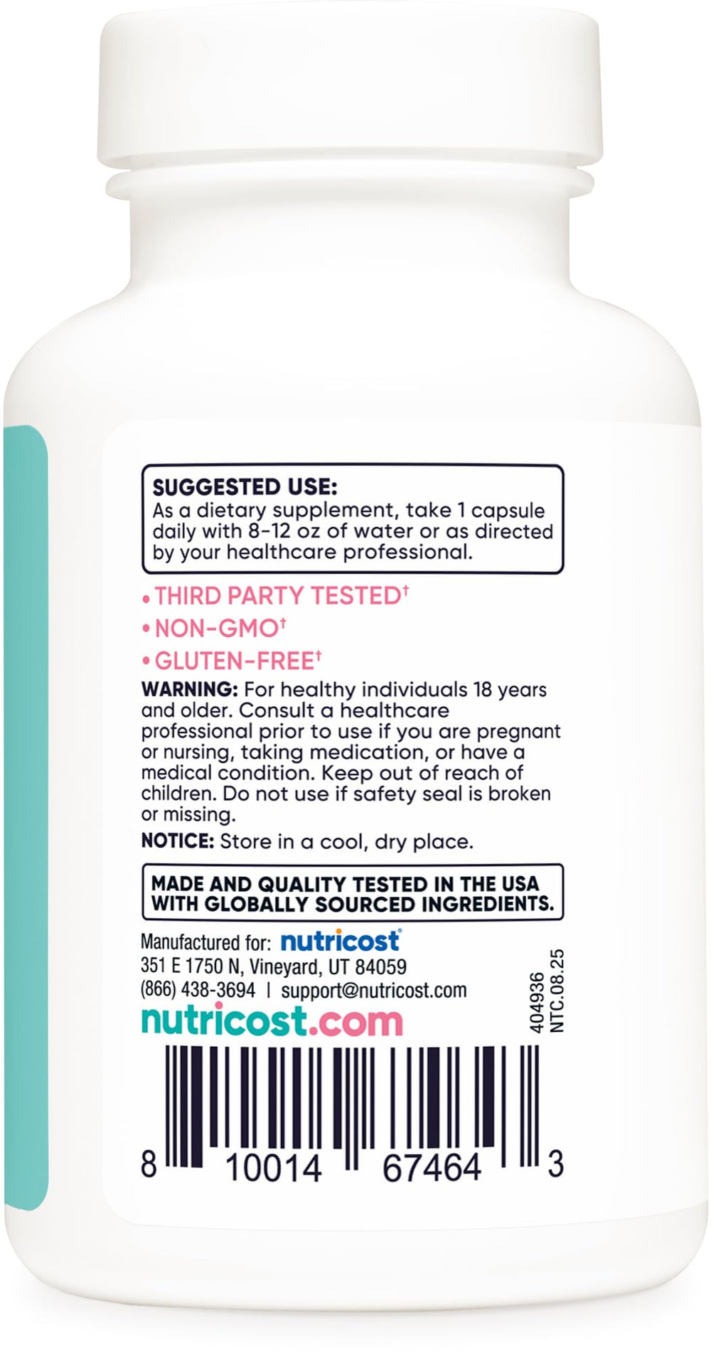 Nutricost Biotin packaging showing gluten-free and non-GMO certifications