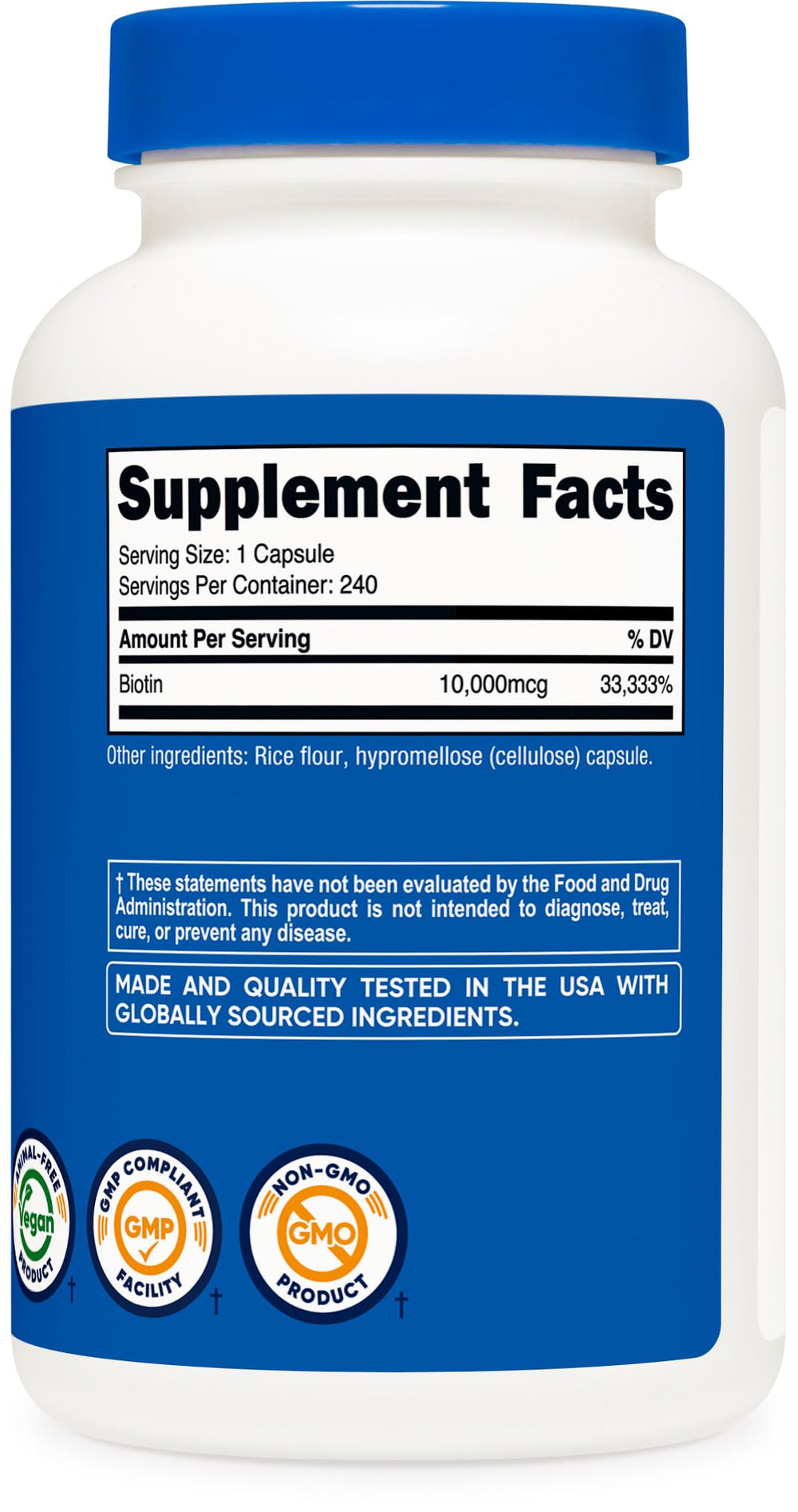 GMP compliant and FDA registered facility seal on Nutricost Biotin.