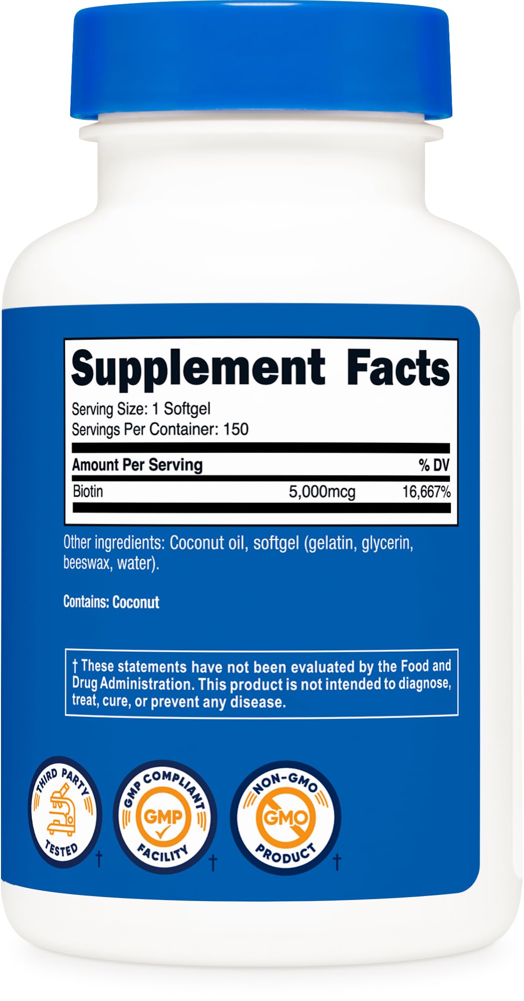 Nutricost Biotin product image with third-party testing seal visible.
