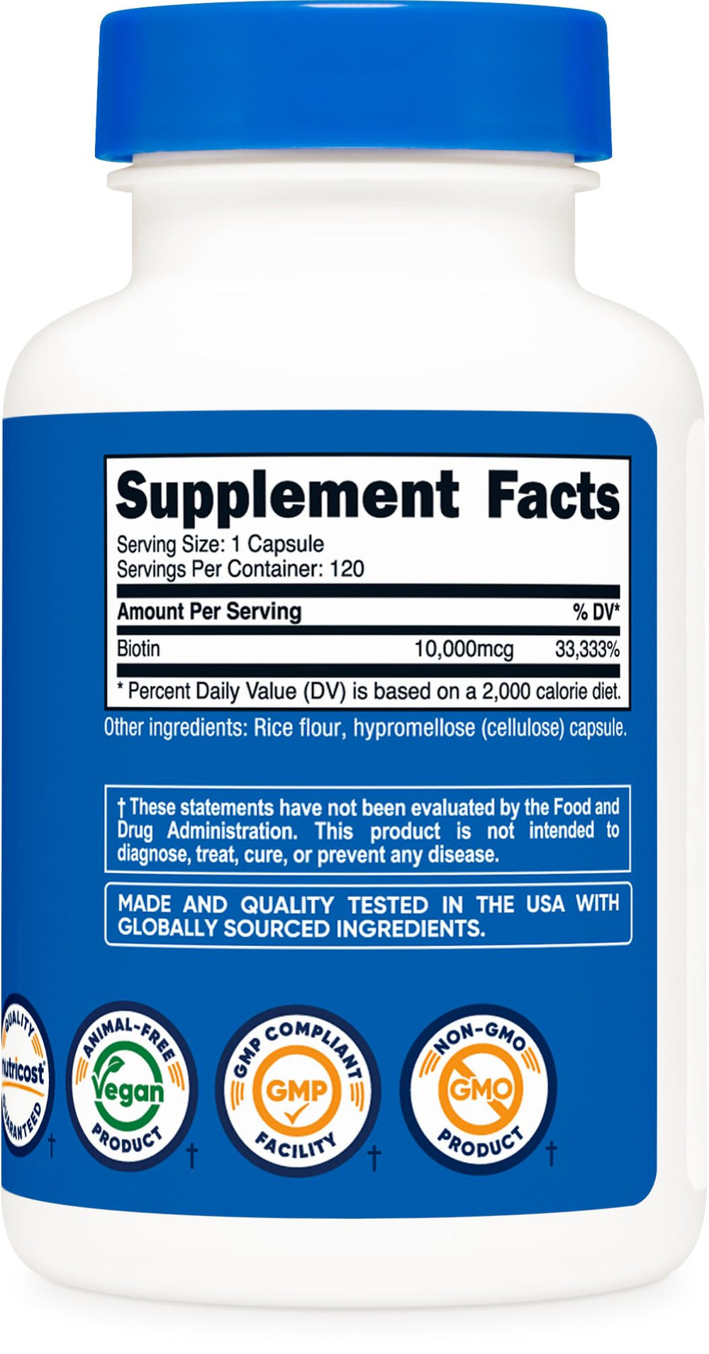 Nutricost Biotin vegan-friendly bottle suitable for plant-based regimens
