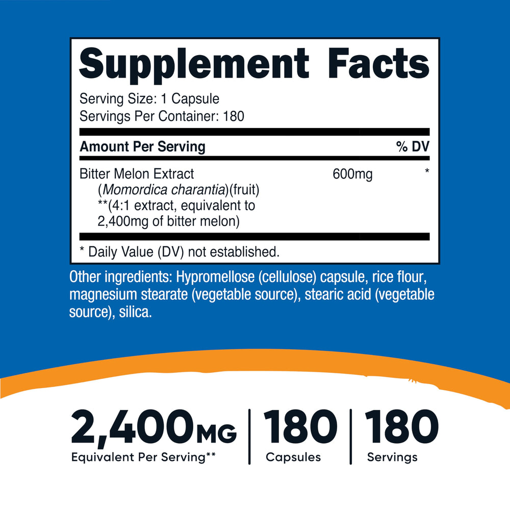 Close-up of Nutricost Bitter Melon capsules highlighting 4:1 extract strength.