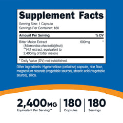 Close-up of Nutricost Bitter Melon capsules highlighting 4:1 extract strength.