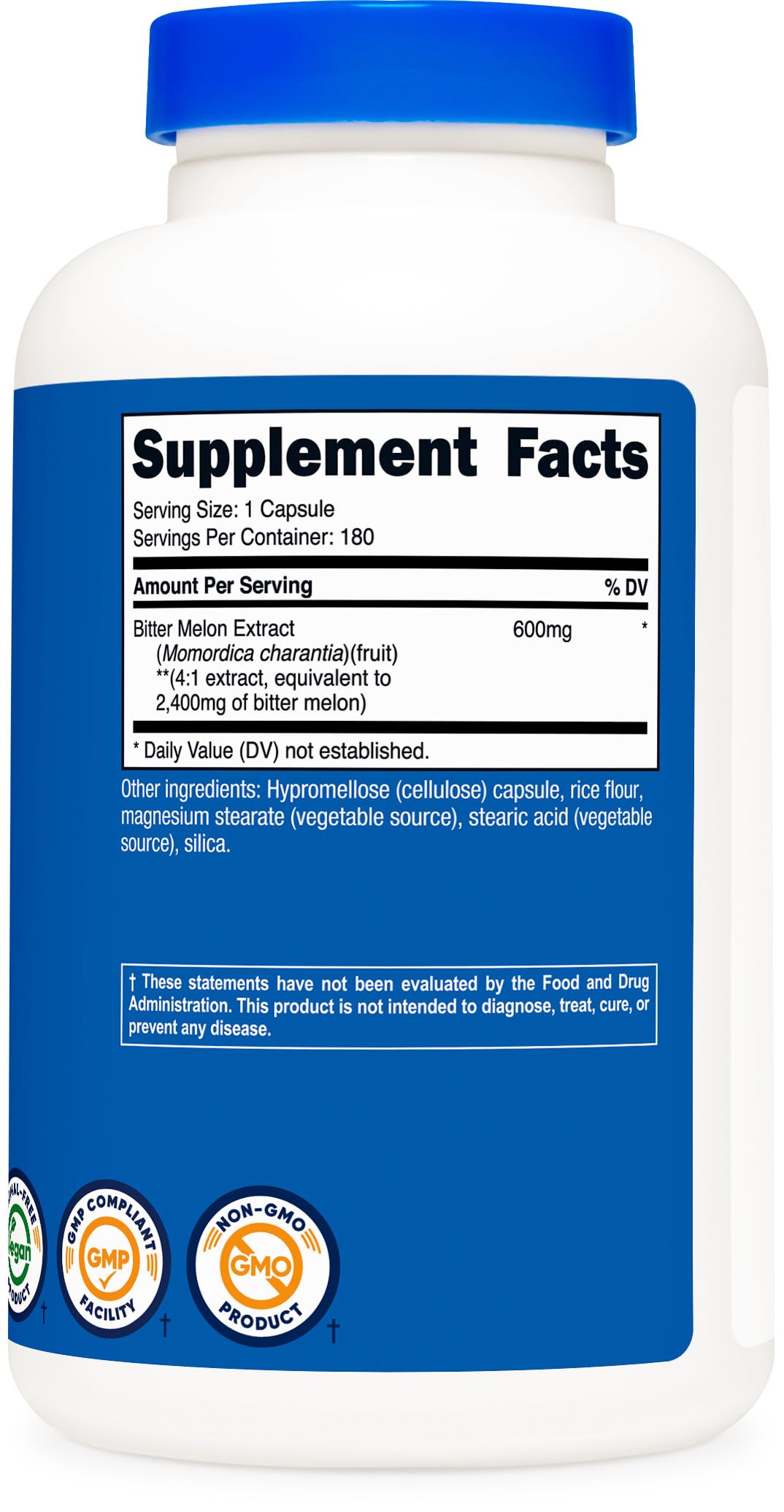 Nutricost Bitter Melon ingredients panel and quality testing details.
