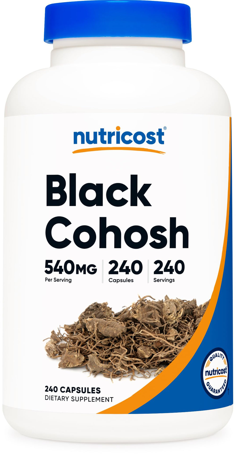 Nutricost Black Cohosh 540mg bottle label shows non-GMO and gluten-free formula.