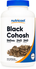 Nutricost Black Cohosh 540mg bottle label shows non-GMO and gluten-free formula.