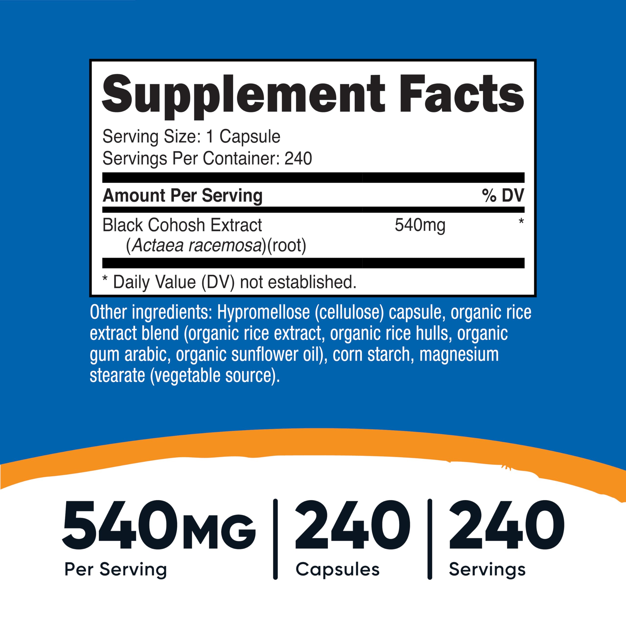 Nutricost Black Cohosh 540mg capsules closeup highlighting vegetarian-friendly capsules.