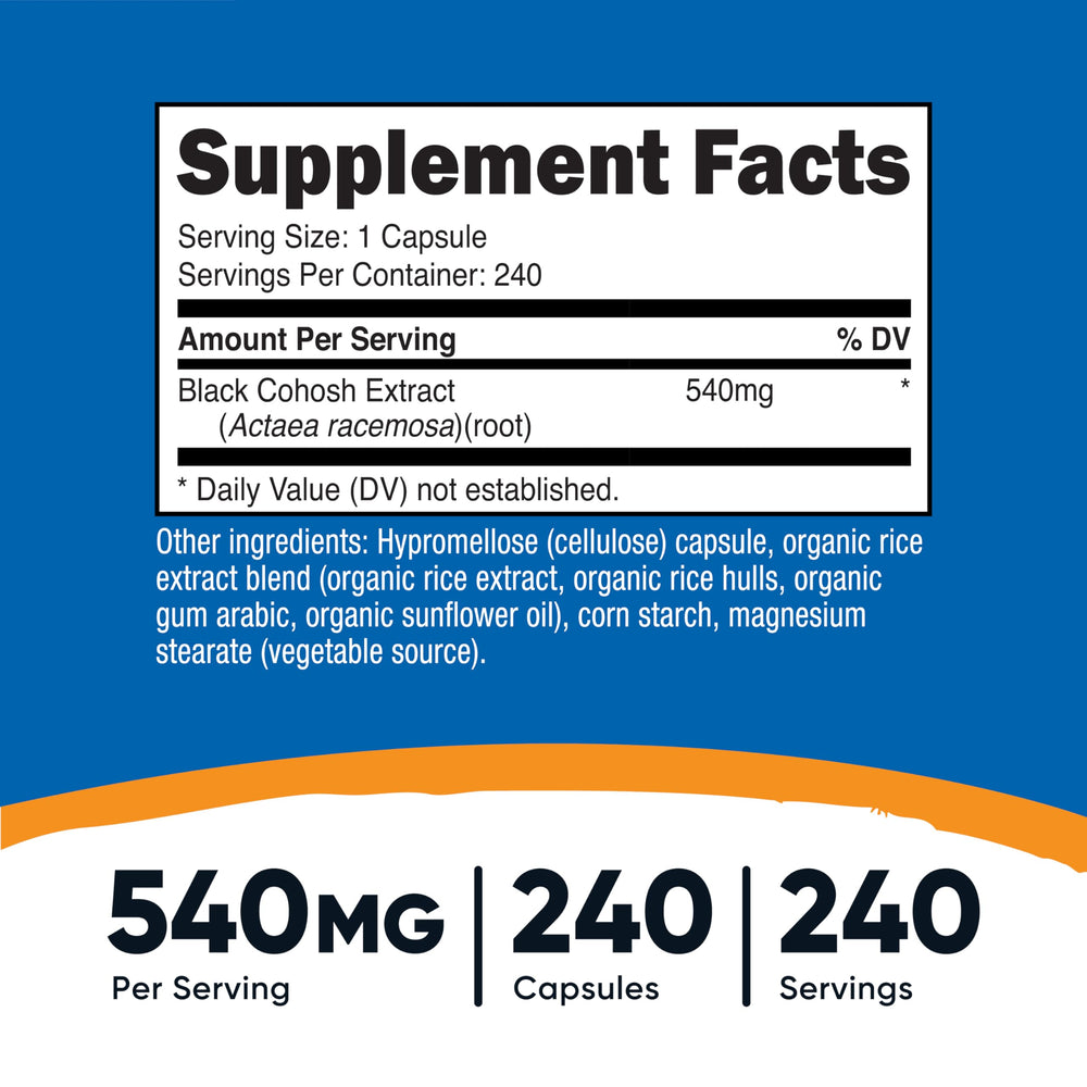 Nutricost Black Cohosh 540mg capsules closeup highlighting vegetarian-friendly capsules.