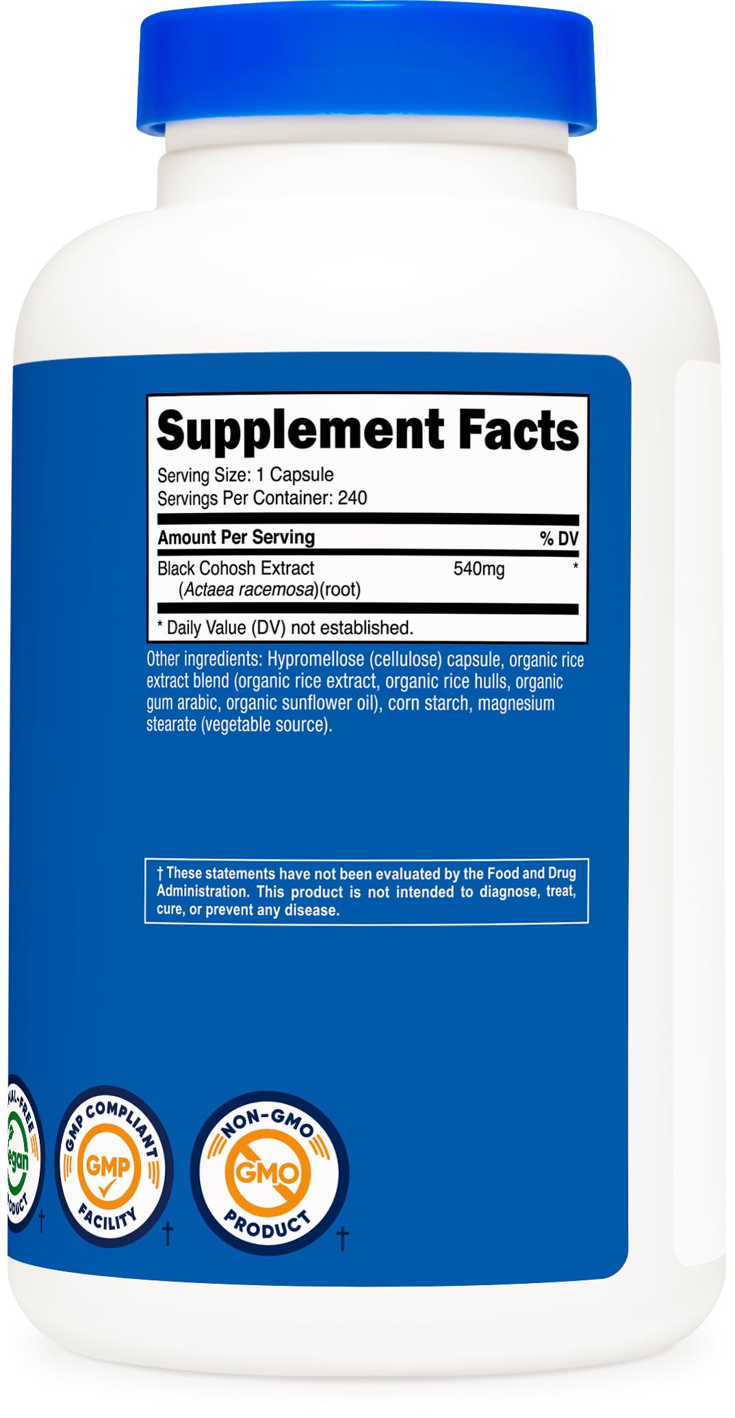 Nutricost Black Cohosh 540mg facility sign confirms FDA registered, GMP production.