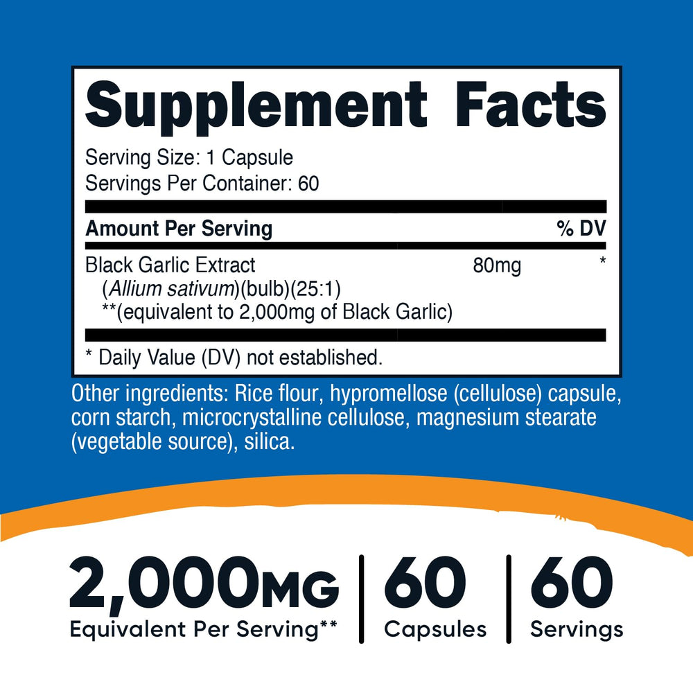 Nutricost Black Garlic capsules close-up for easy dosage visualization.