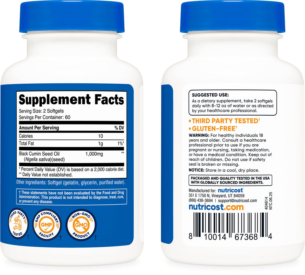 Nutricost Black Seed Oil capsules close-up highlighting cold-pressed oil