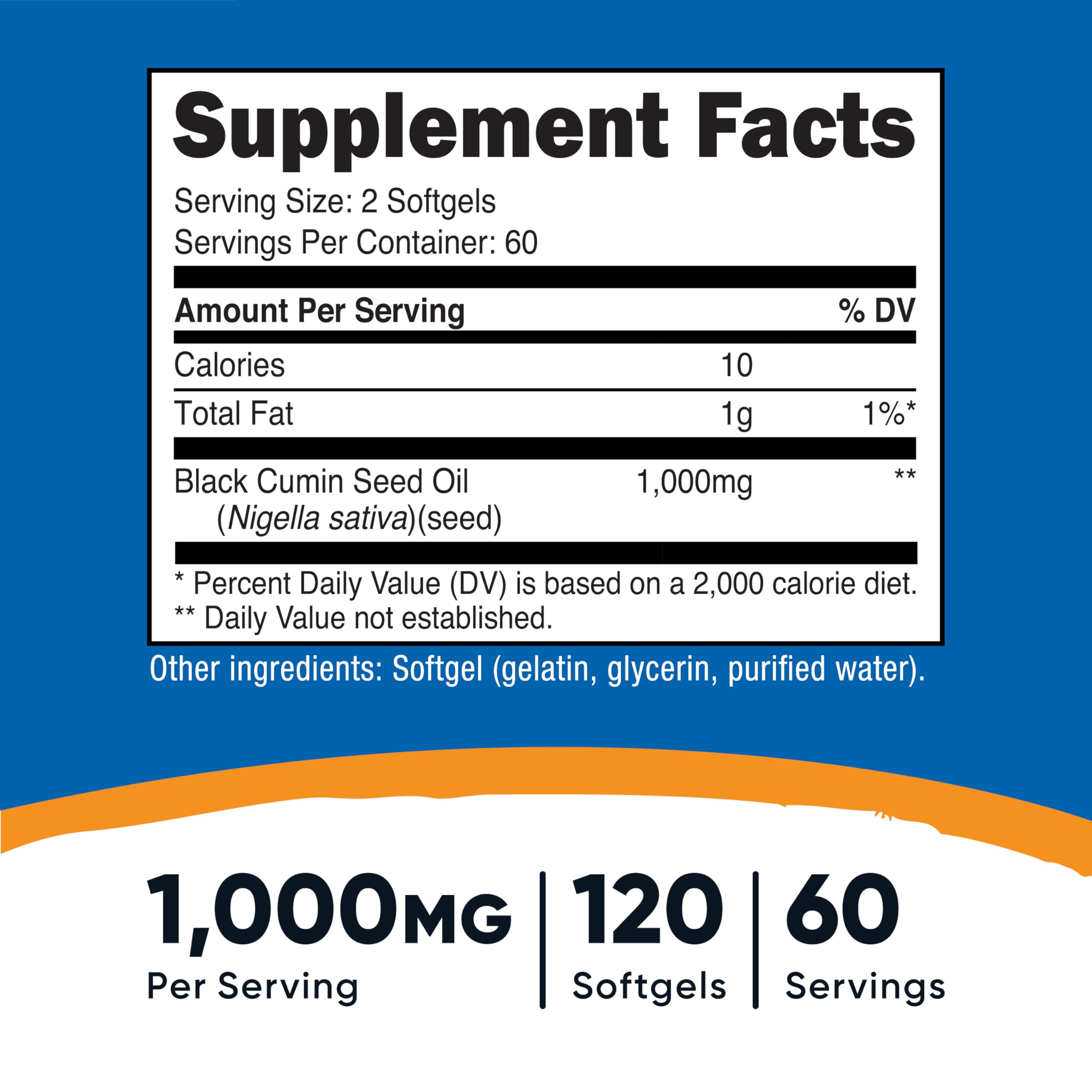 Nutricost Black Seed Oil softgels being poured for a two-capsule serving