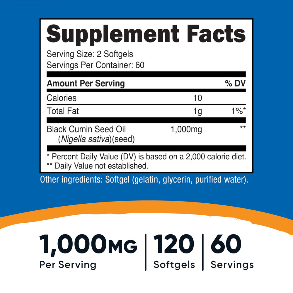 Nutricost Black Seed Oil softgels being poured for a two-capsule serving