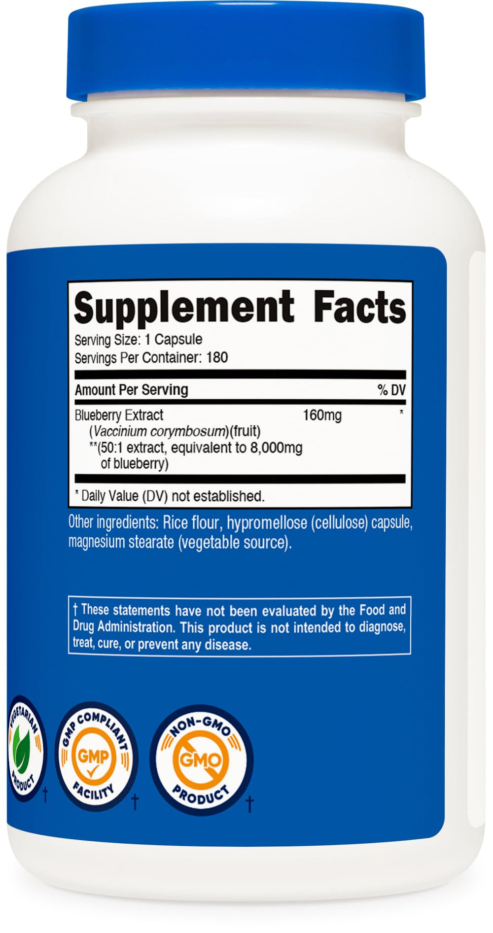 Nutricost Blueberry Extract packaging emphasizes gluten-free and non-GMO