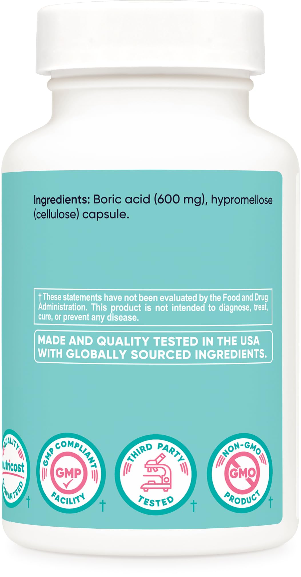 Nutricost Boric Acid 600mg GMP facility seal indicating quality.