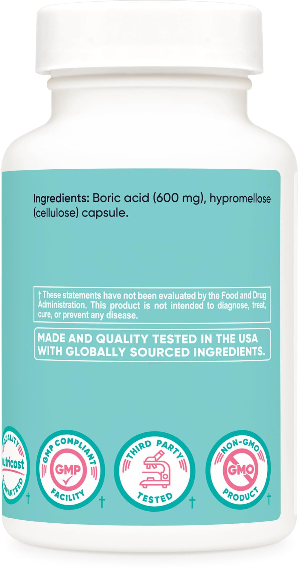 Nutricost Boric Acid 600mg GMP facility seal indicating quality.